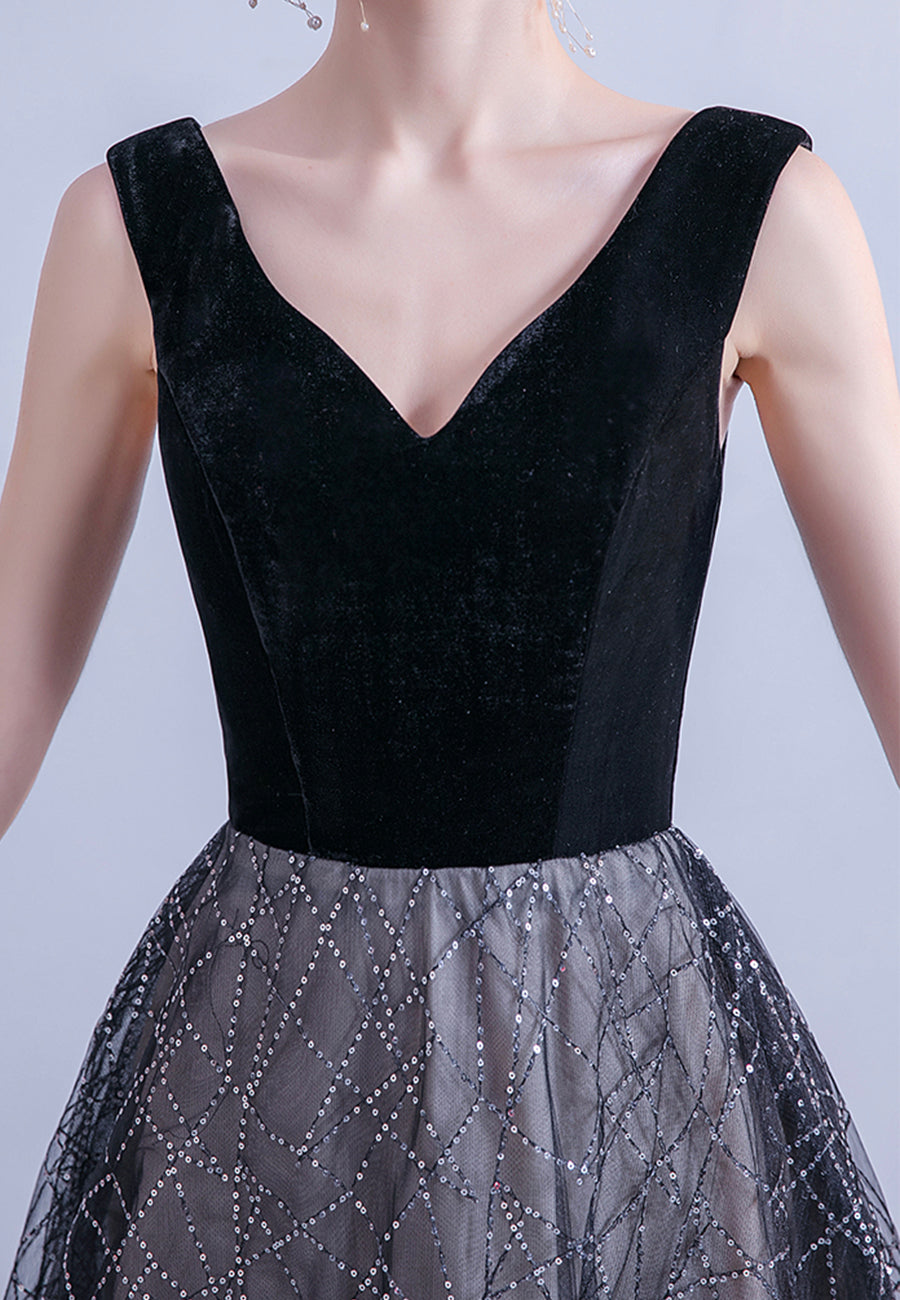 Black velvet sequins long prom dress formal dress 8450
