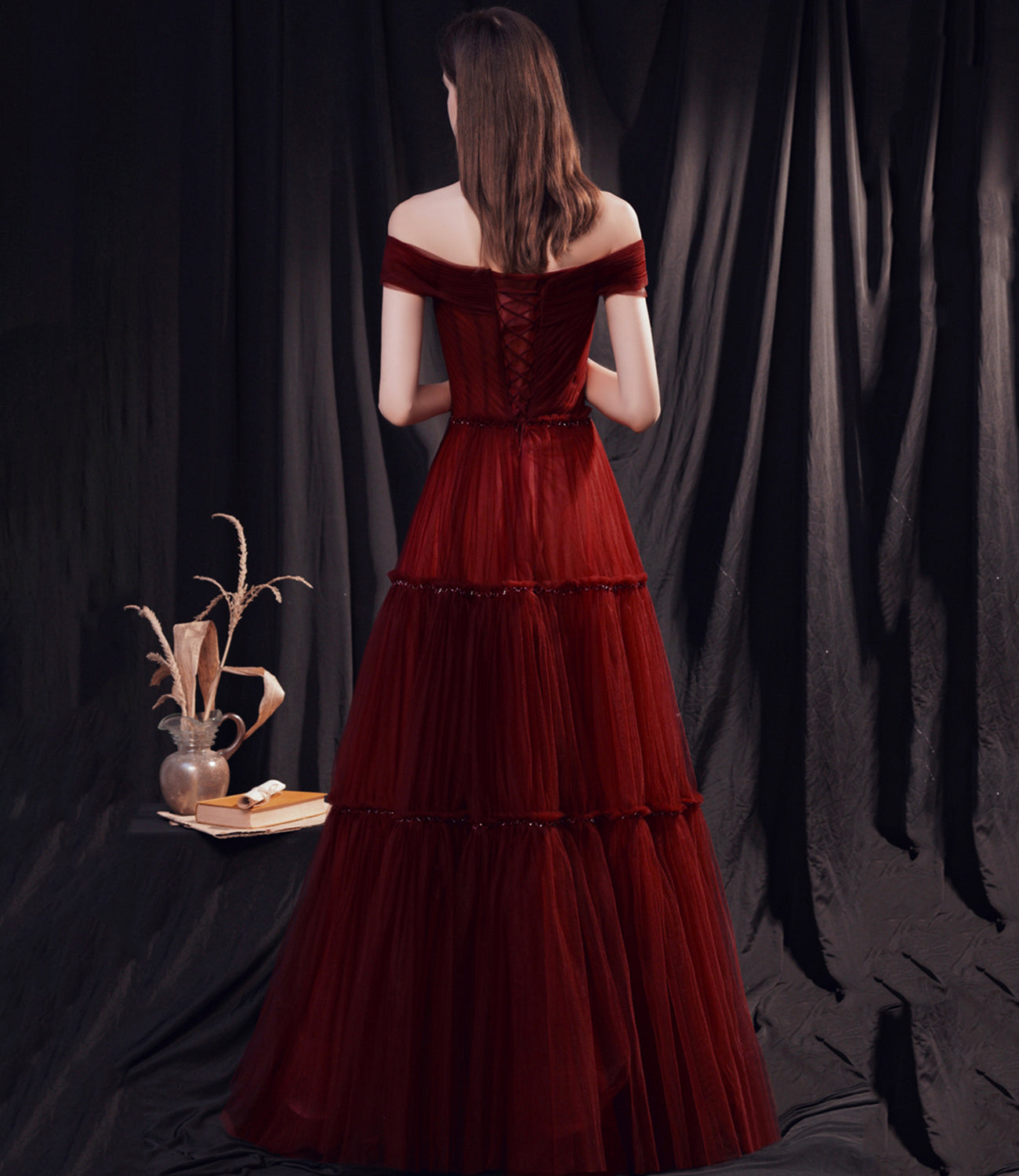 Stylish tulle long prom dress burgundy evening dress 8873