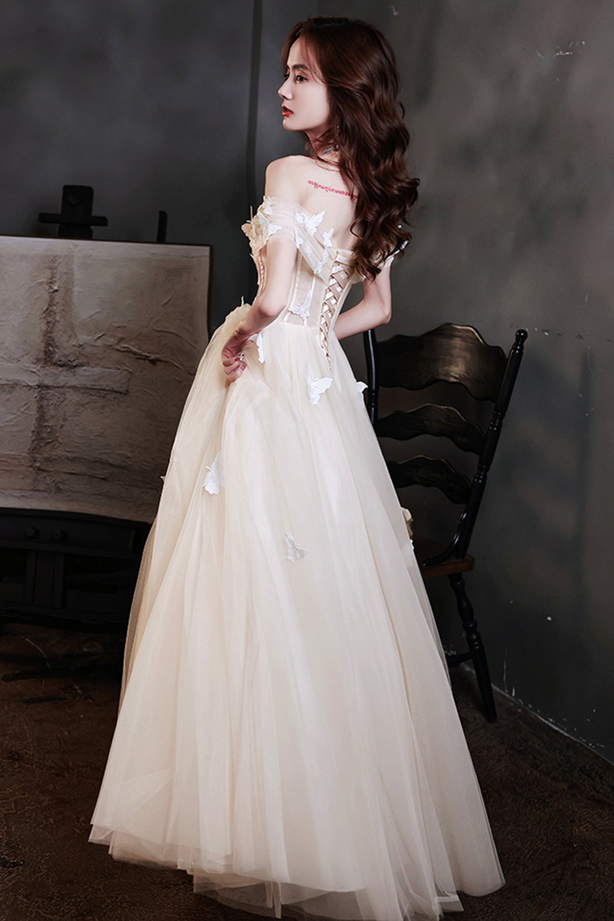Champagne tulle long A line prom dress evening dress 8716