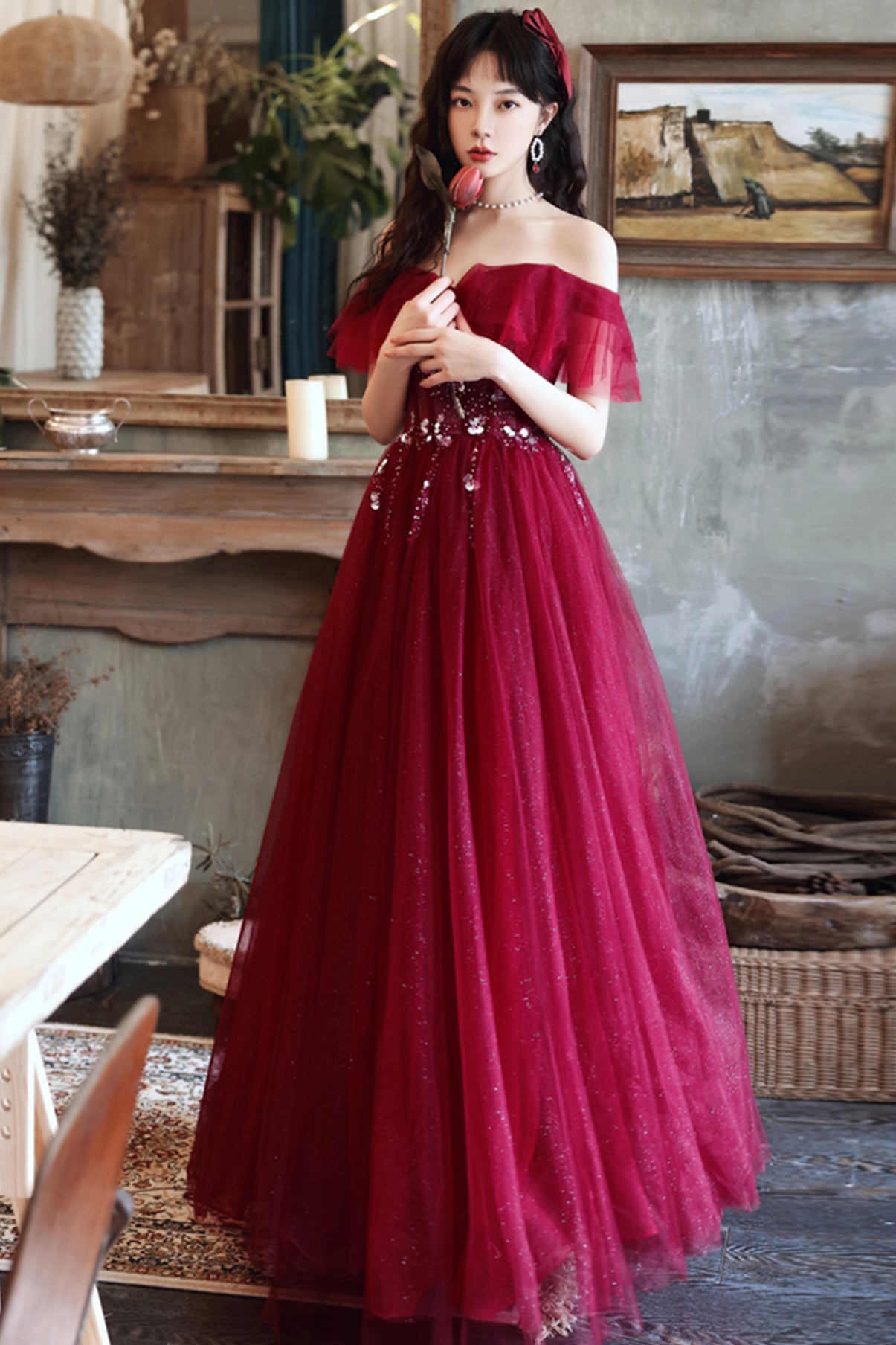 Burgundy tulle long A line prom dress evening dress 8687