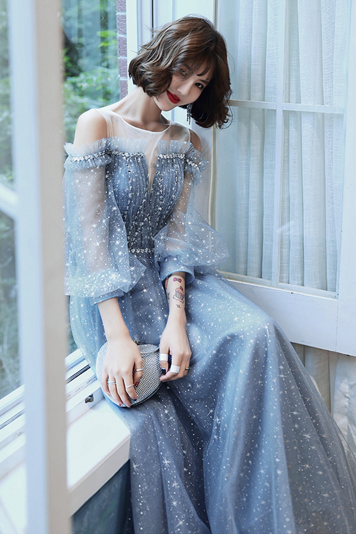 Blue tulle long A line prom dress blue evening dress 8759