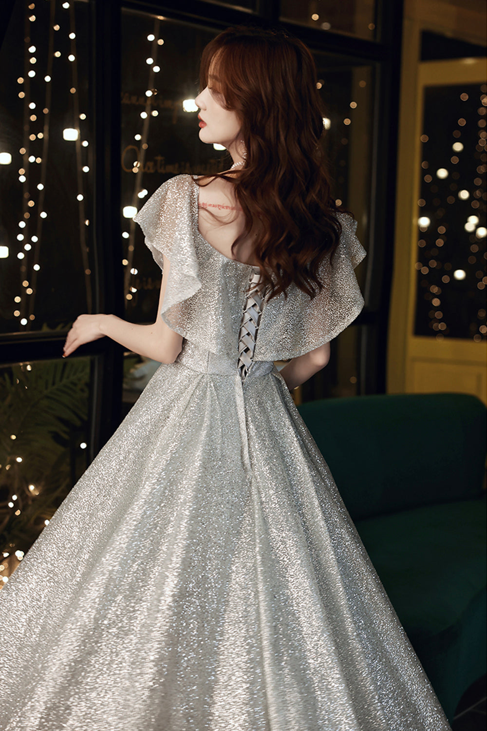 Silver sequins long prom dress shiny evening dress 8509