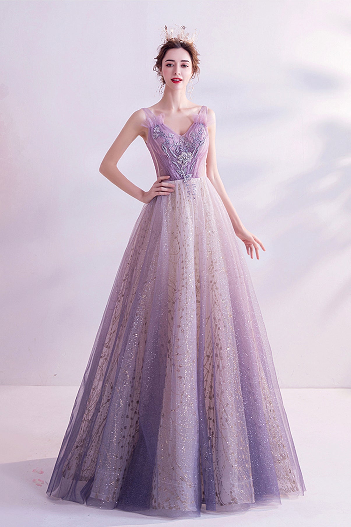 Purple tulle long A line prom dress evening dress 8739