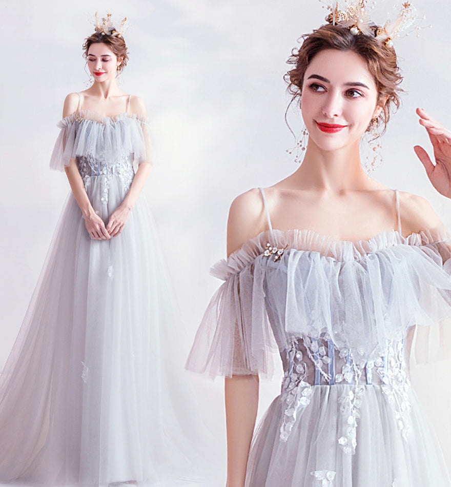 Gray tulle lace long prom dress evening dress 8453