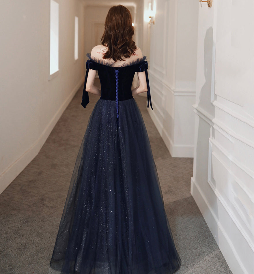 Blue velvet tulle long prom dress evening dress 8457