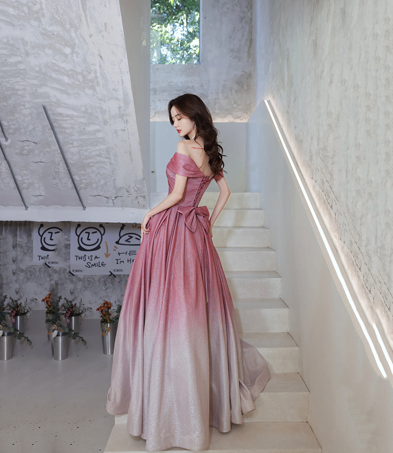 Pink gradient long A line prom dress evening dress 8823