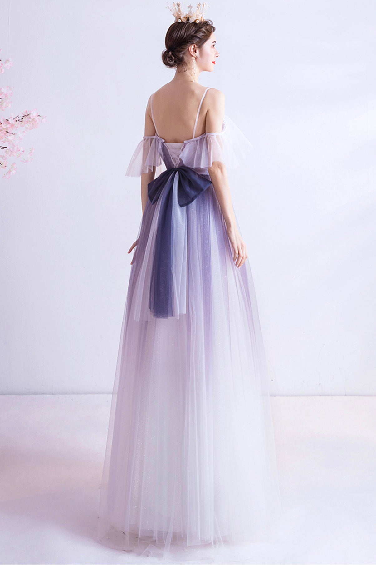 Purple tulle long A line prom dress evening dress 8769