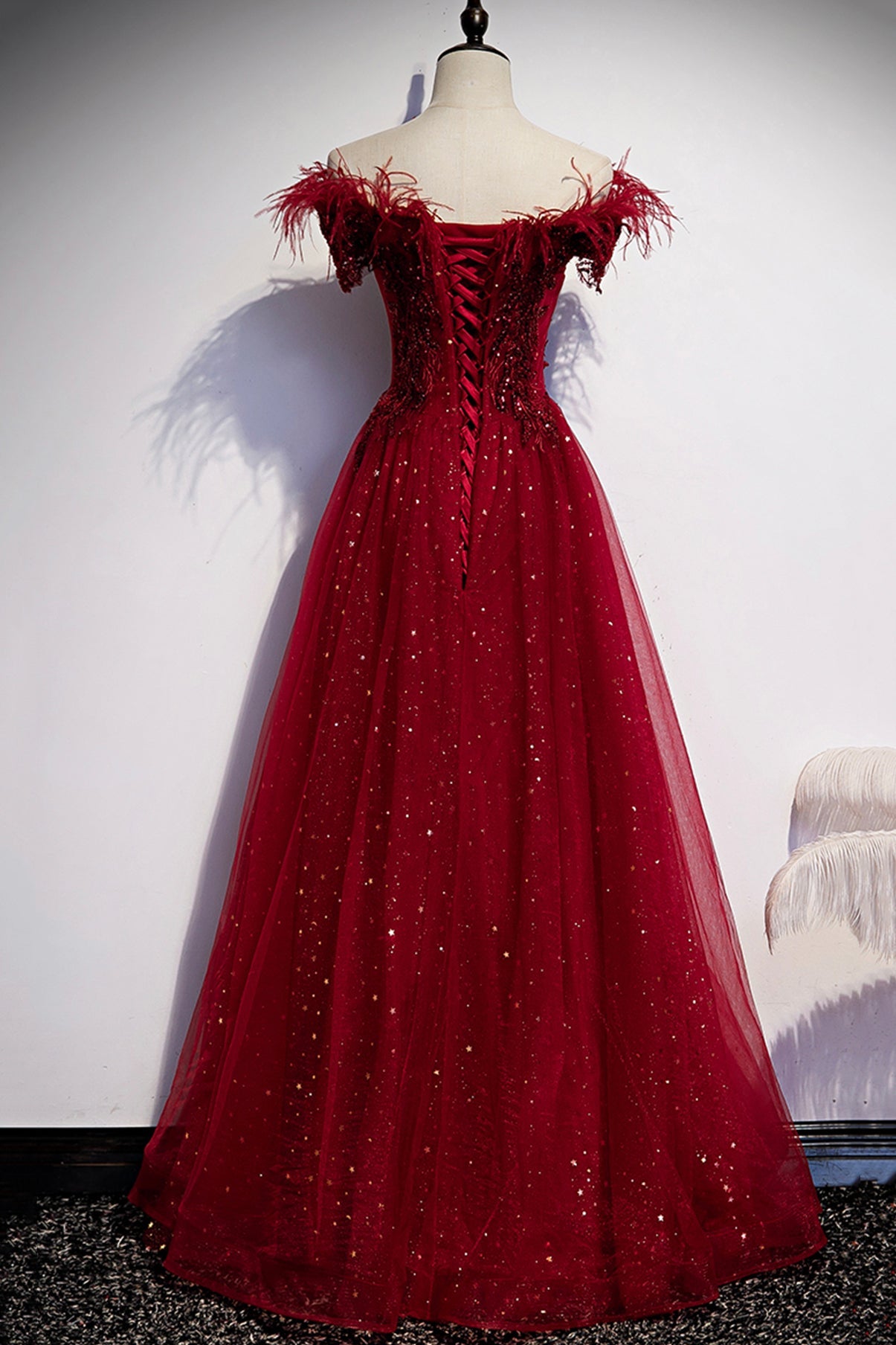 Burgundy tulle sequins long A line prom dress evening dress 8710