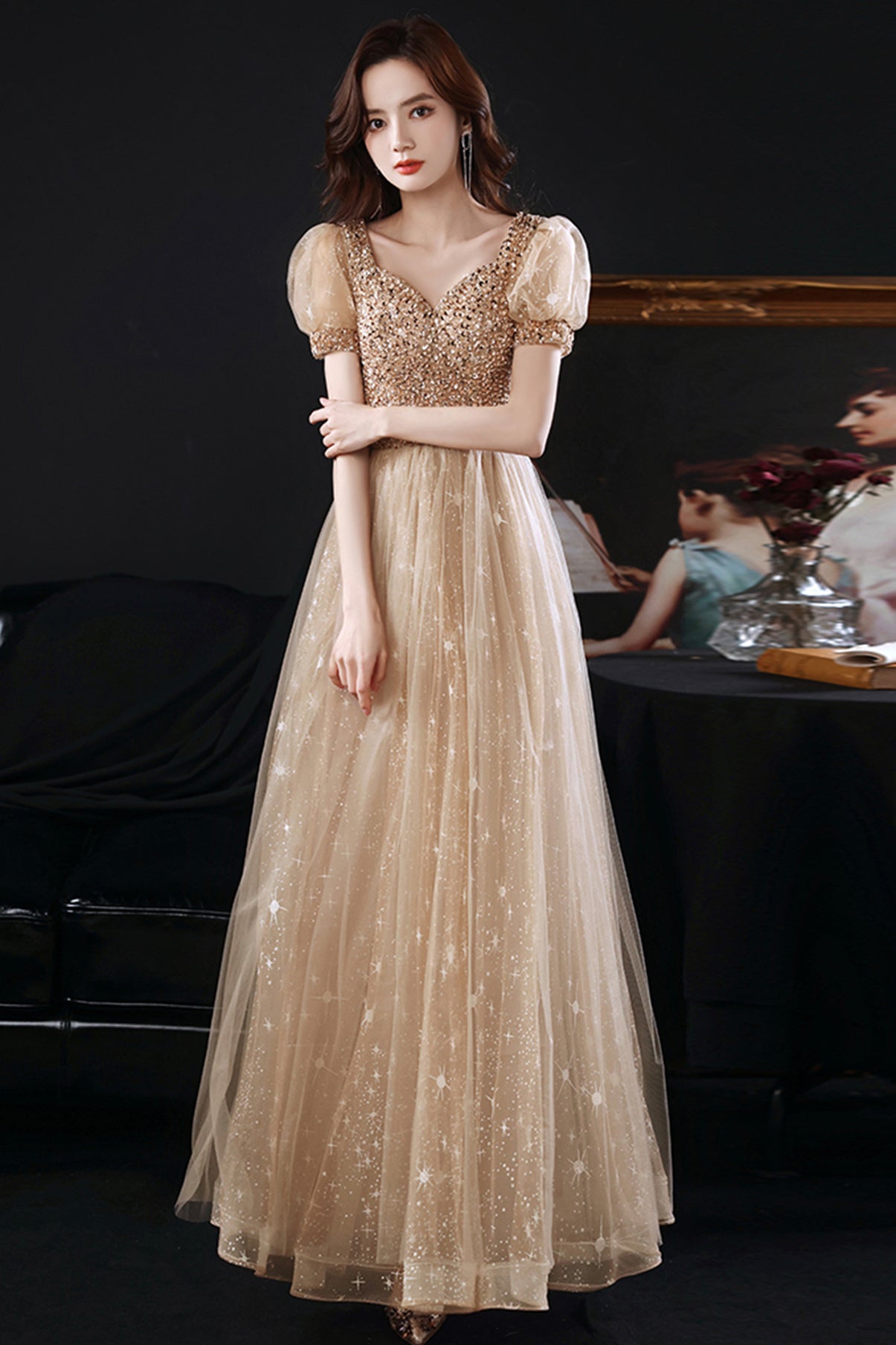 Gold tulle beads long A line prom dress evening dress 8860