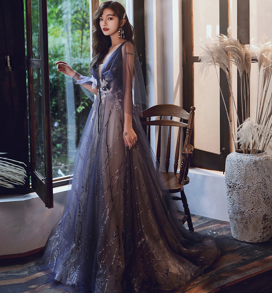 Blue v neck tulle lace long prom dress evening dress 8475