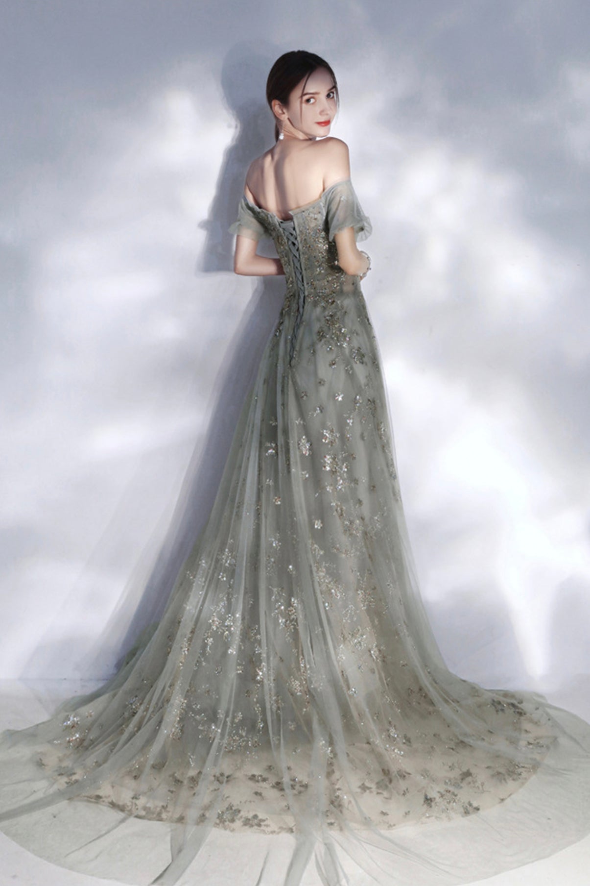 Grey sequins long A line prom dress evening dress 8575