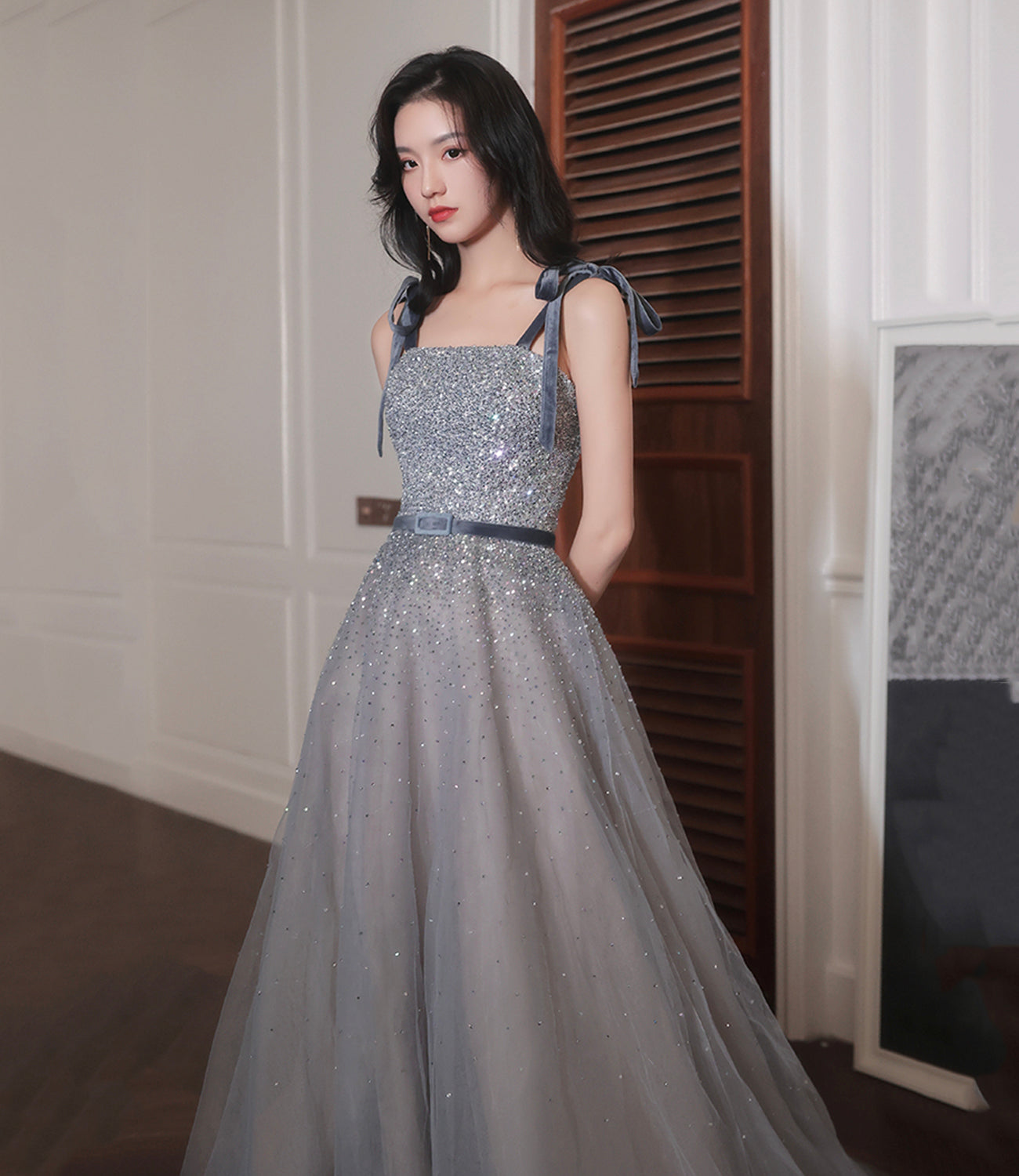 Gray tulle sequins long prom dress A line evening dress 8889