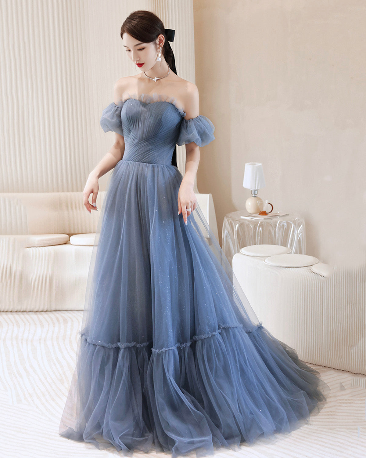 Blue tulle long A line prom dress blue evening dress 8903