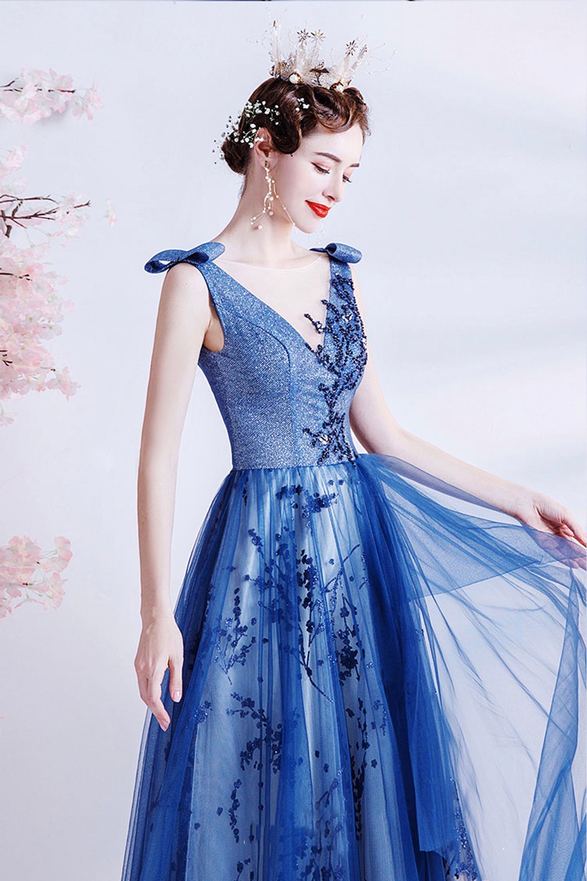 Elegant tulle sequins long A line prom dress evening dress 8702
