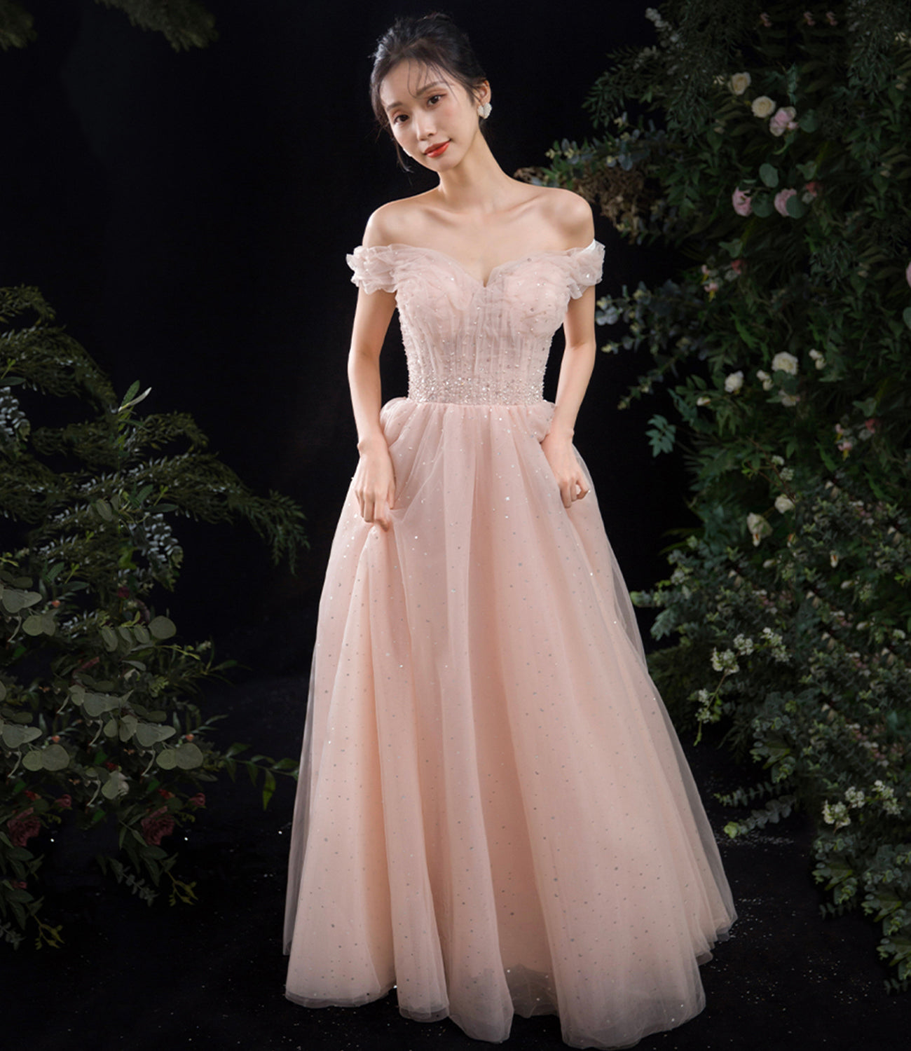 Pink tulle long A line prom dress pink evening dress 8891