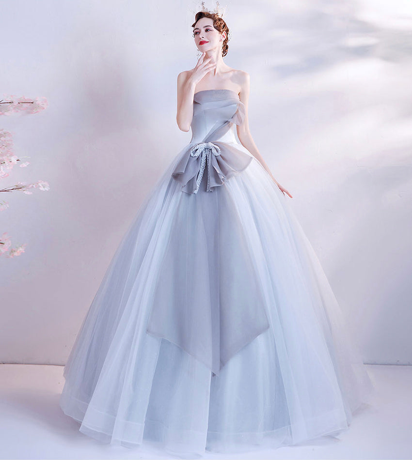 Gray tulle long prom dress gray evening dress 8432