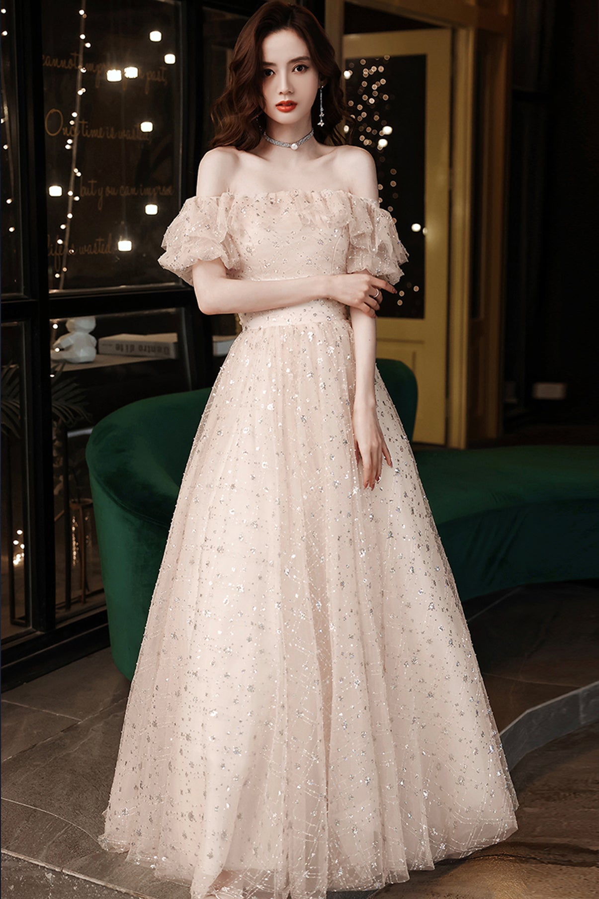 Shiny tulle sequins long A line prom dress evening dress 8715