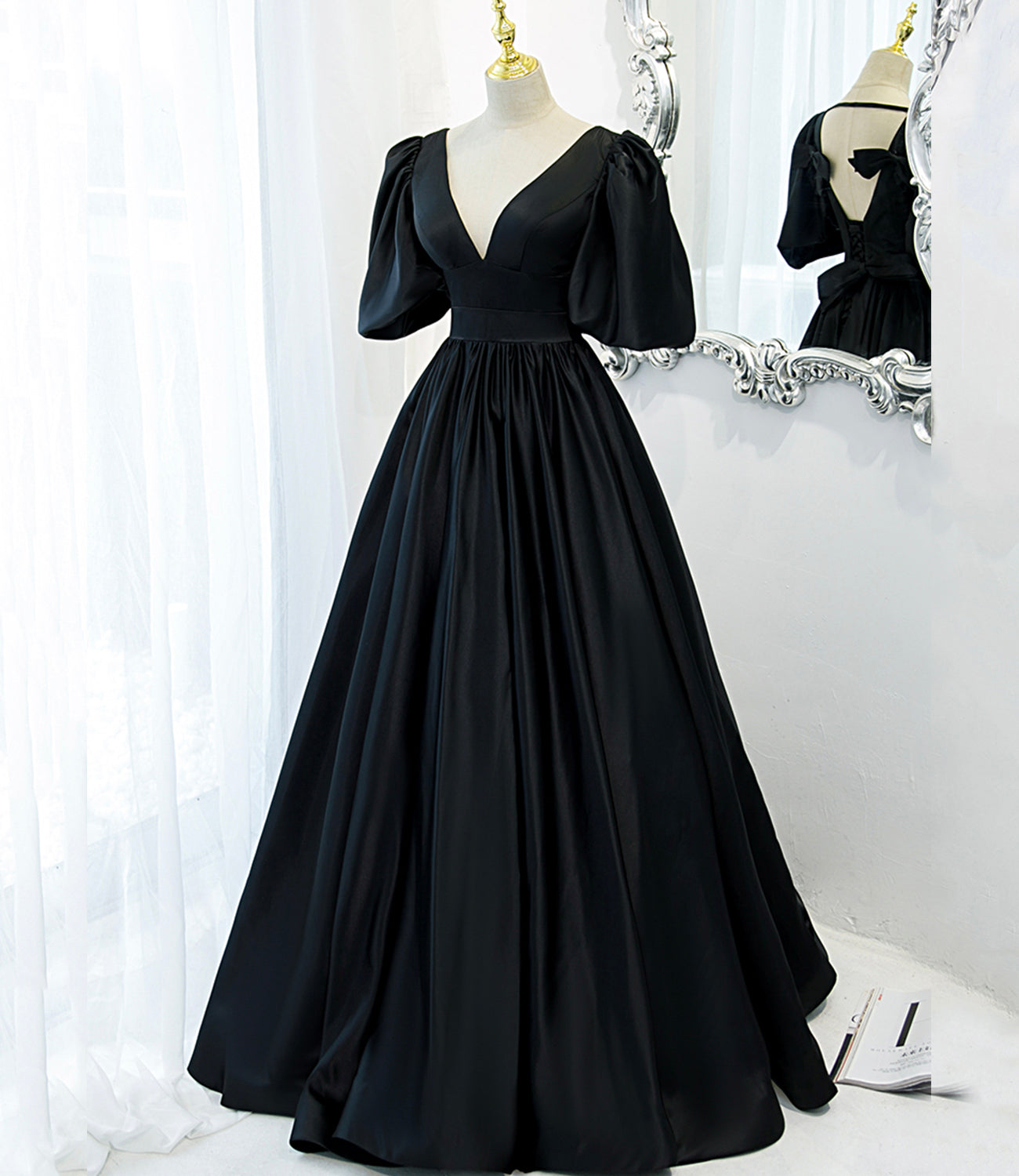 Black v neck satin long A line prom dress evening dress 8846