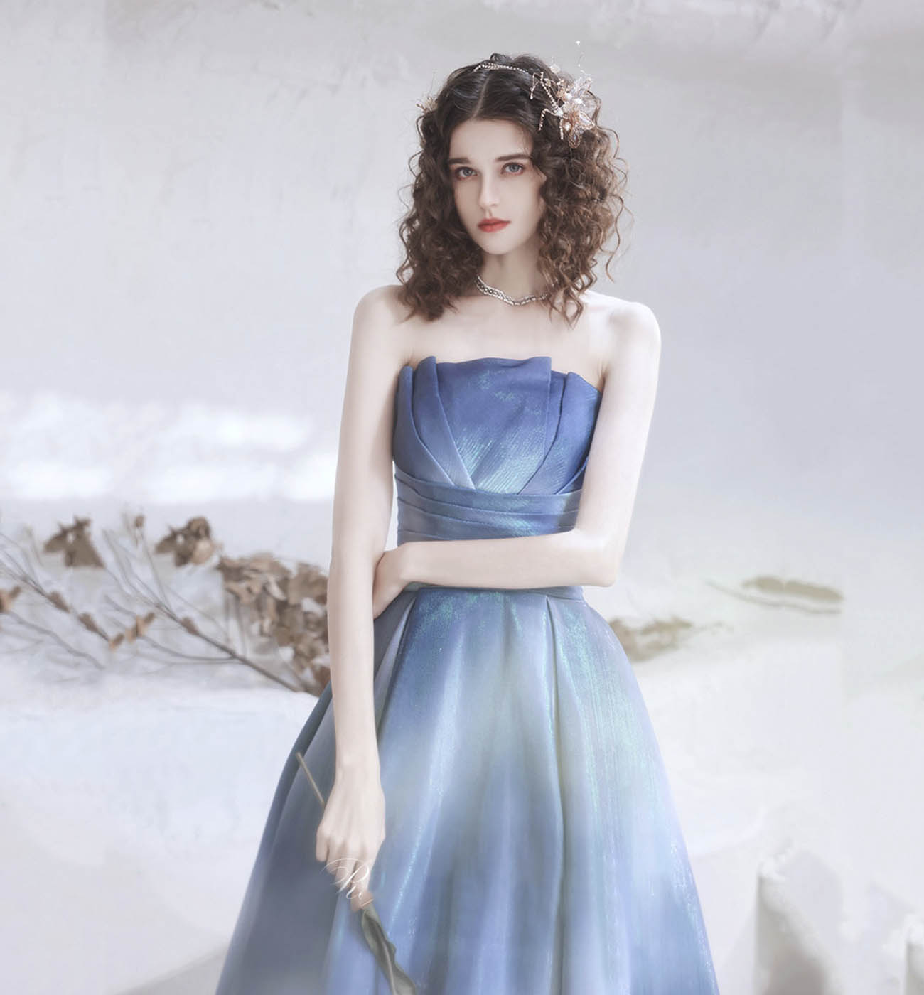 Unique satin long prom dress blue evening dress 8611