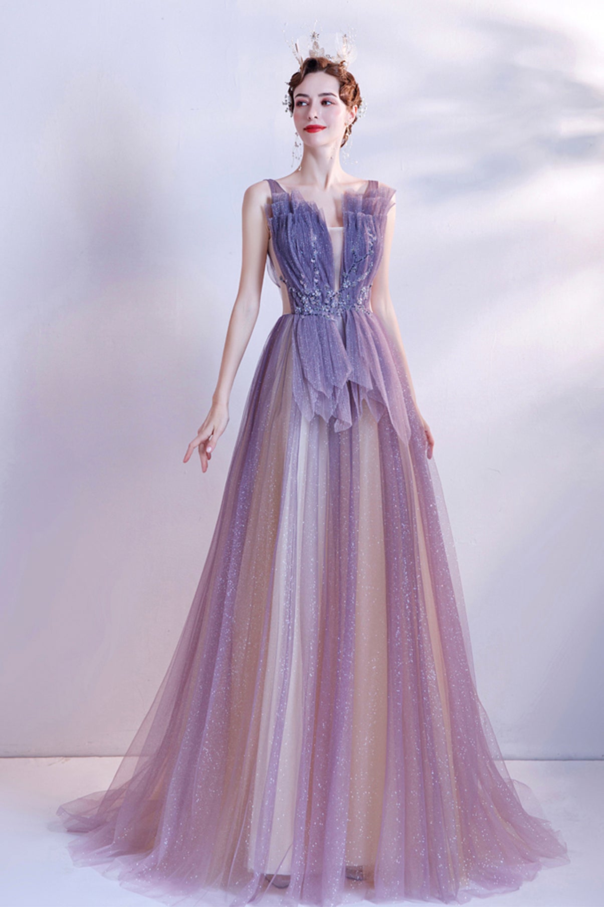 Purple tulle long A line prom dress evening dress 8748
