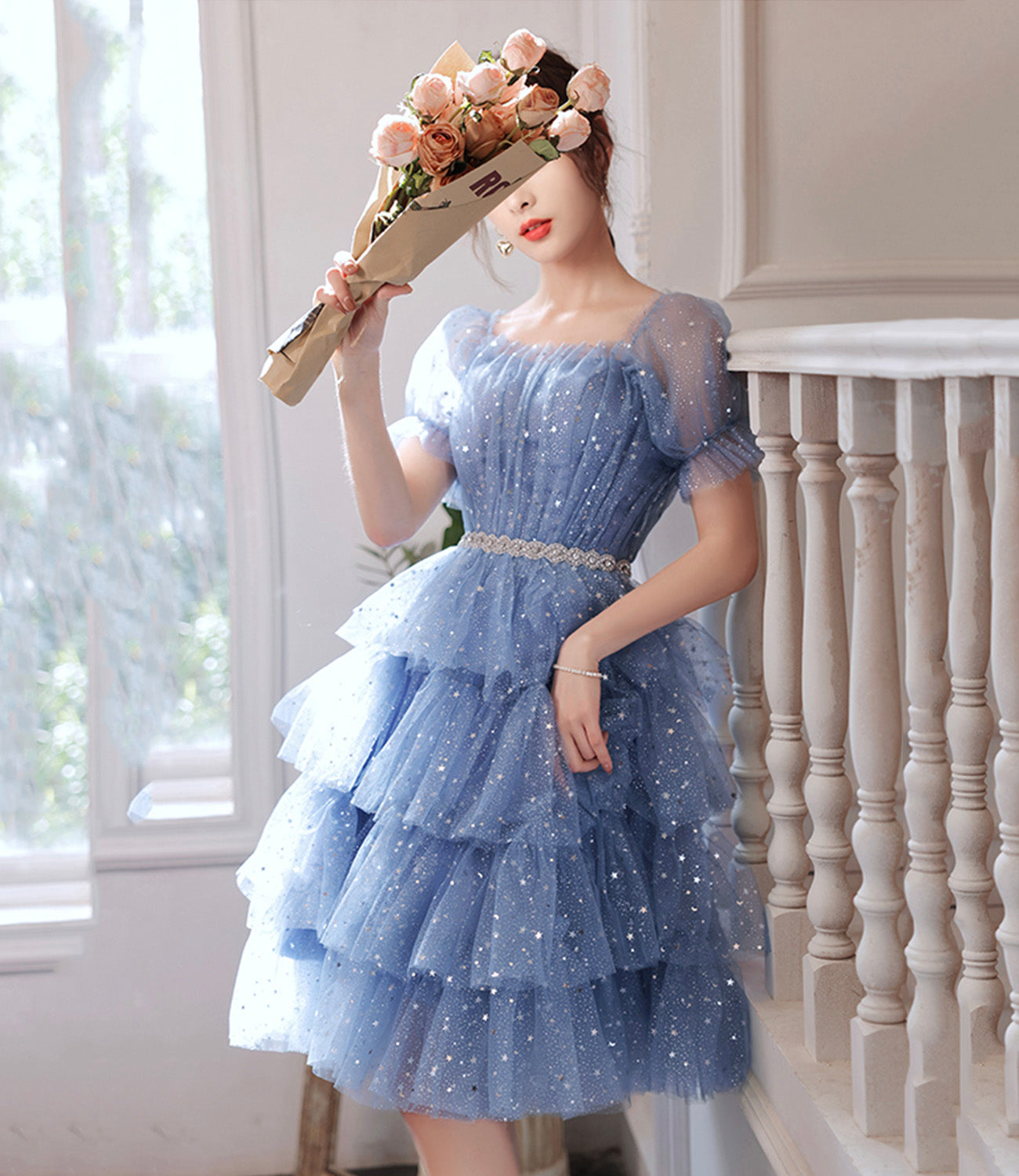 Blue tulle short A line prom dress homecoming dress 8897