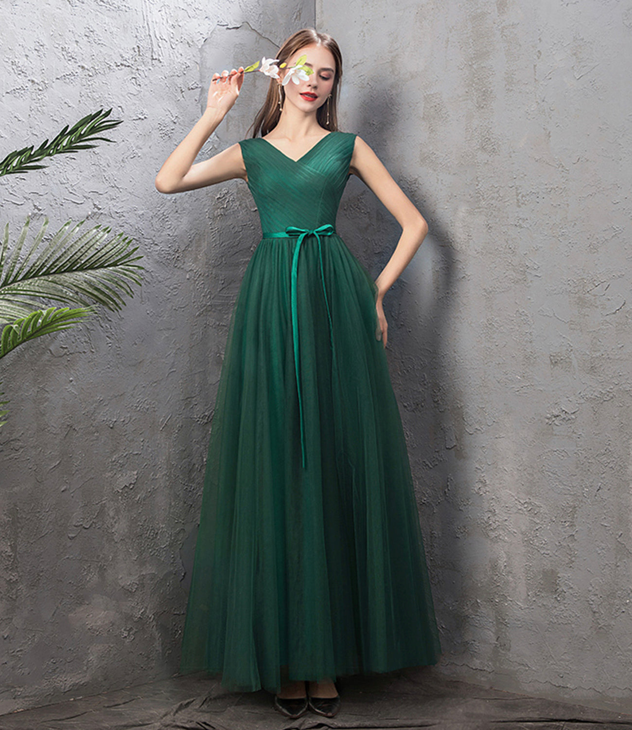 Green tulle long A line prom dress green evening dress 8868