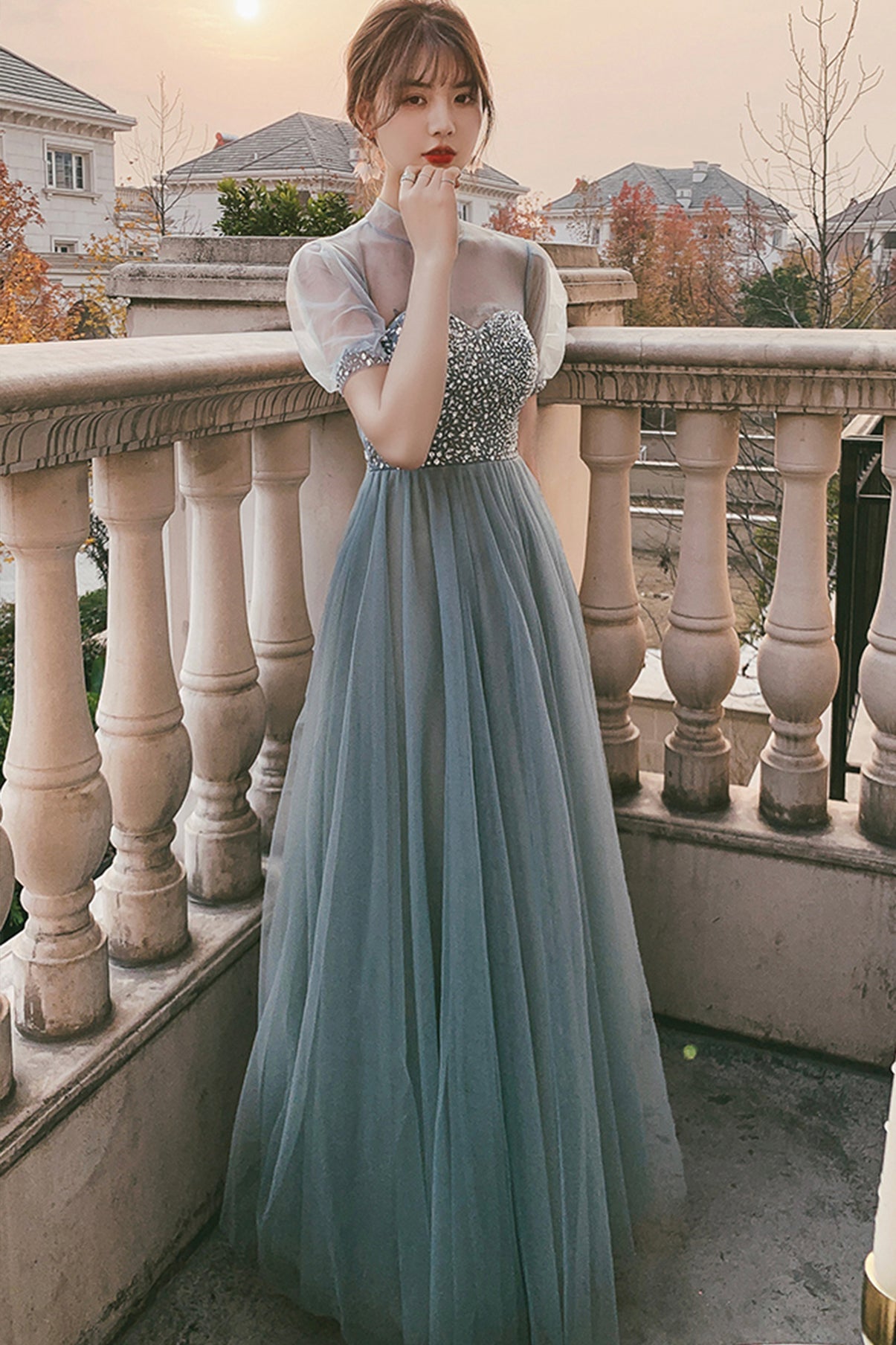 Blue tulle beads long A line prom dress evening dress 8789