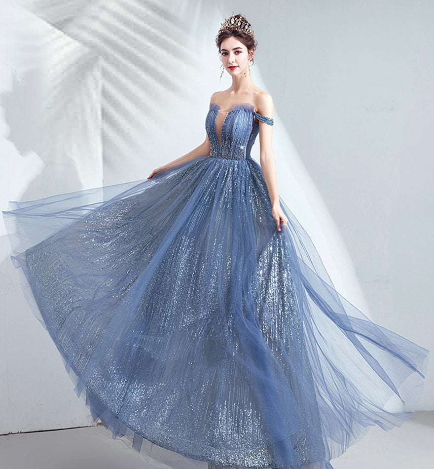 Blue tulle sequins long prom dress evening dress 8433