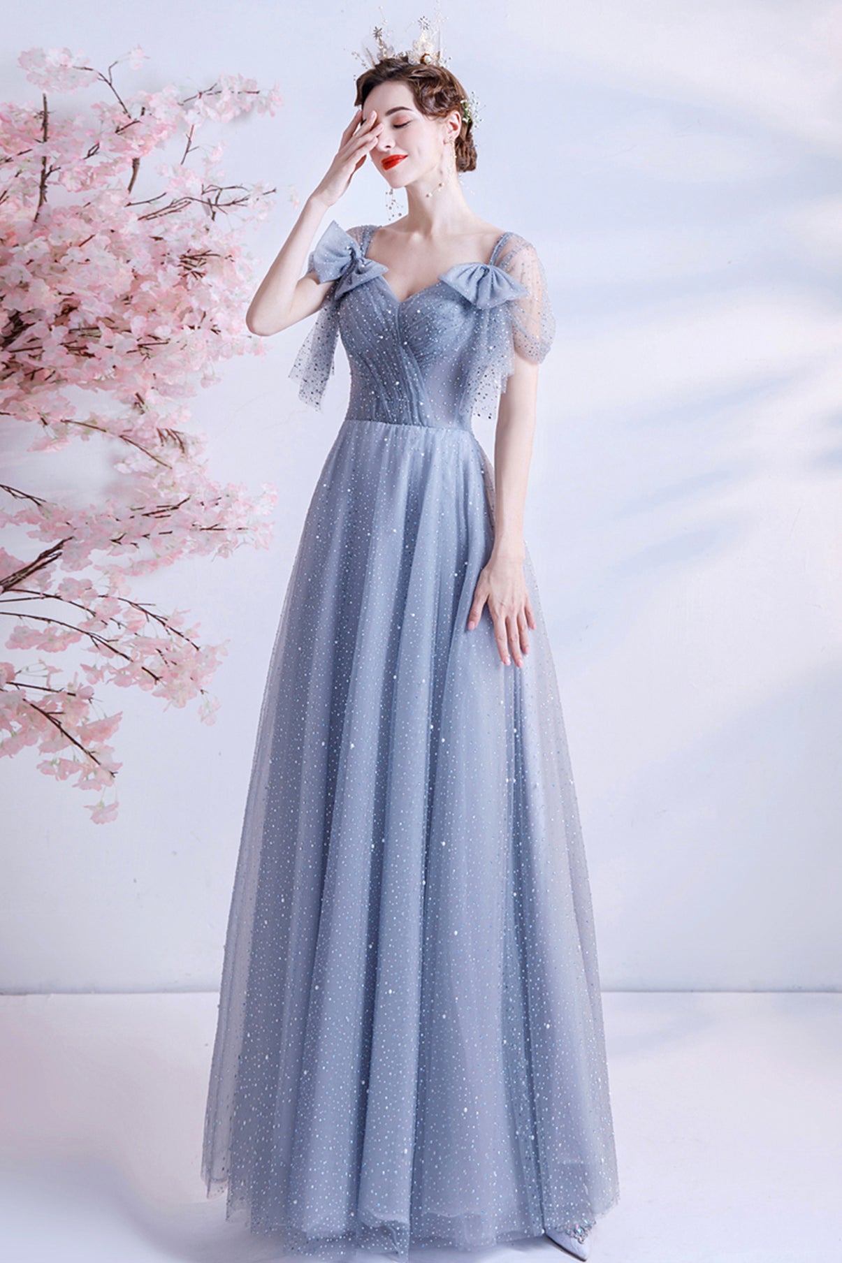Gray tulle sequins long A line prom dress evening dress 8690