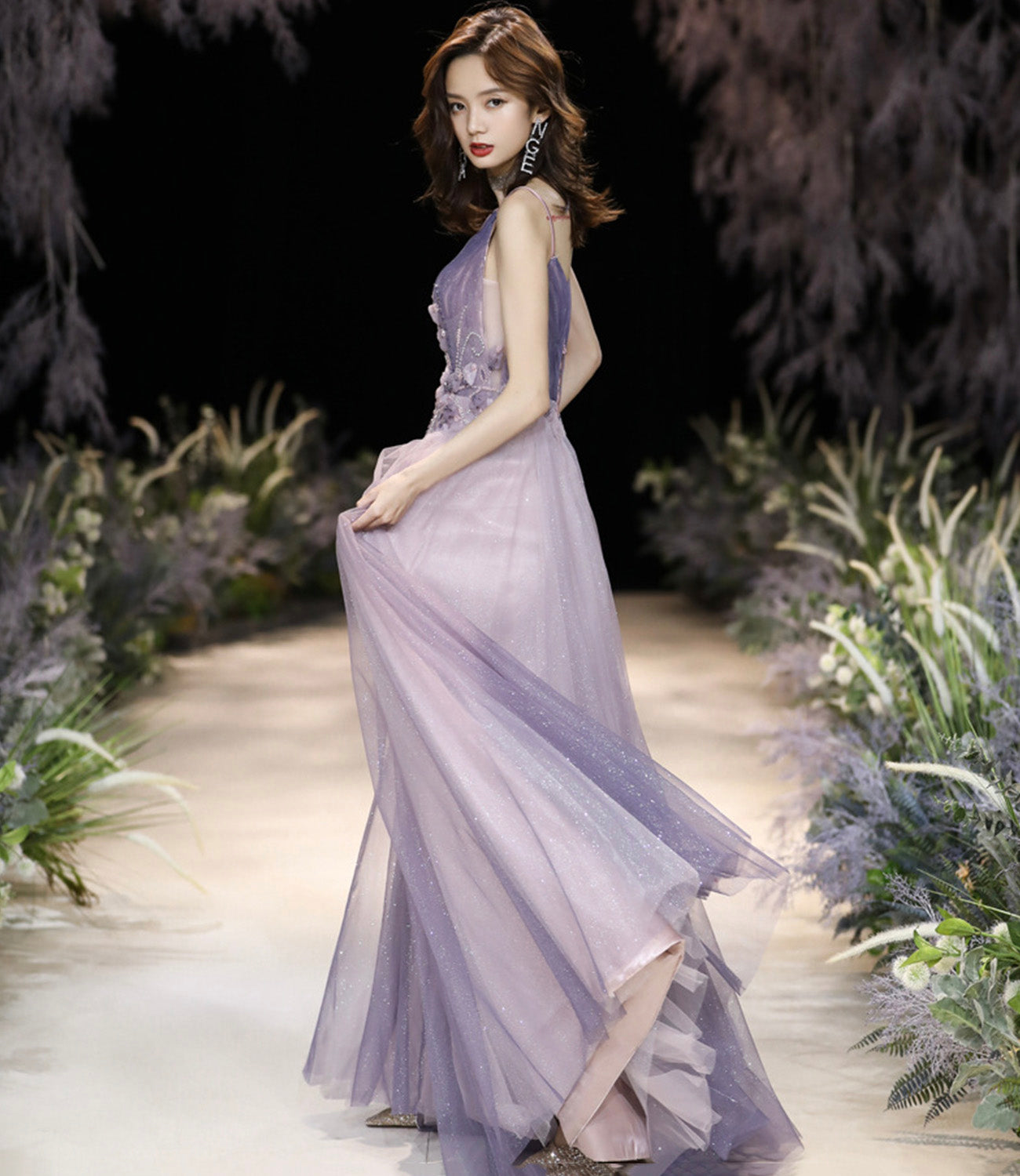Purple tulle long A line prom dress purple evening dress 8926