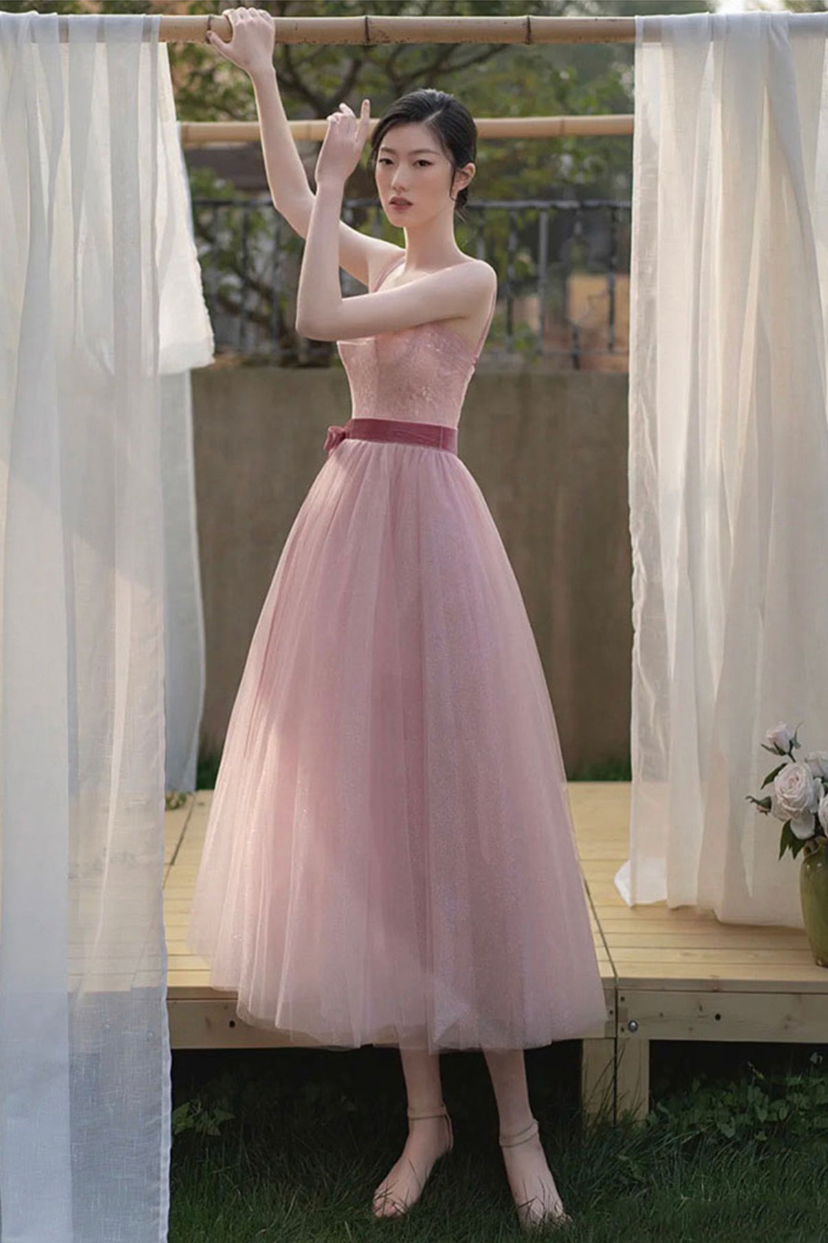 Pink tulle short A line prom dress evening dress 8857