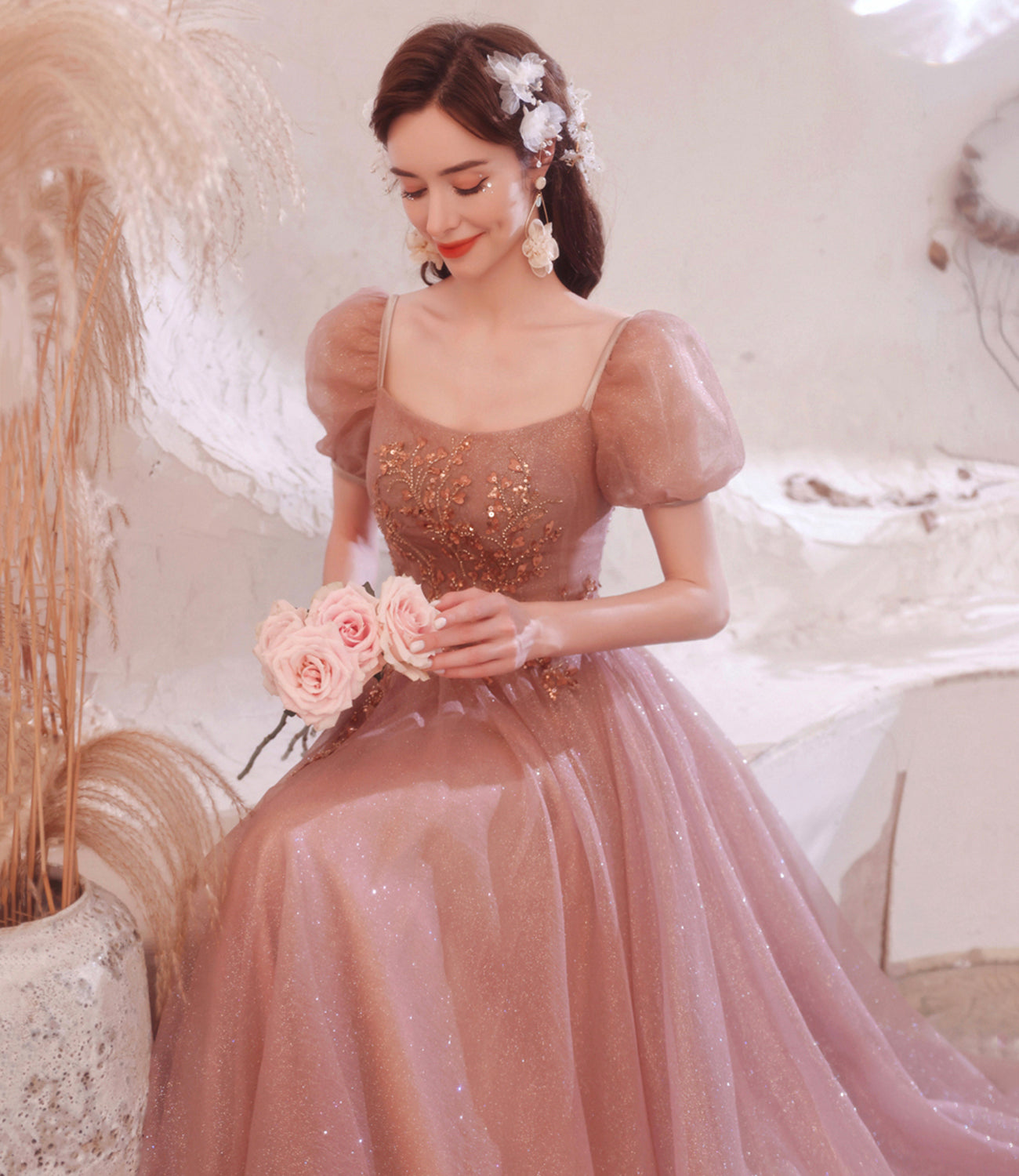Pink tulle sequins long A line prom dress evening dress 8796