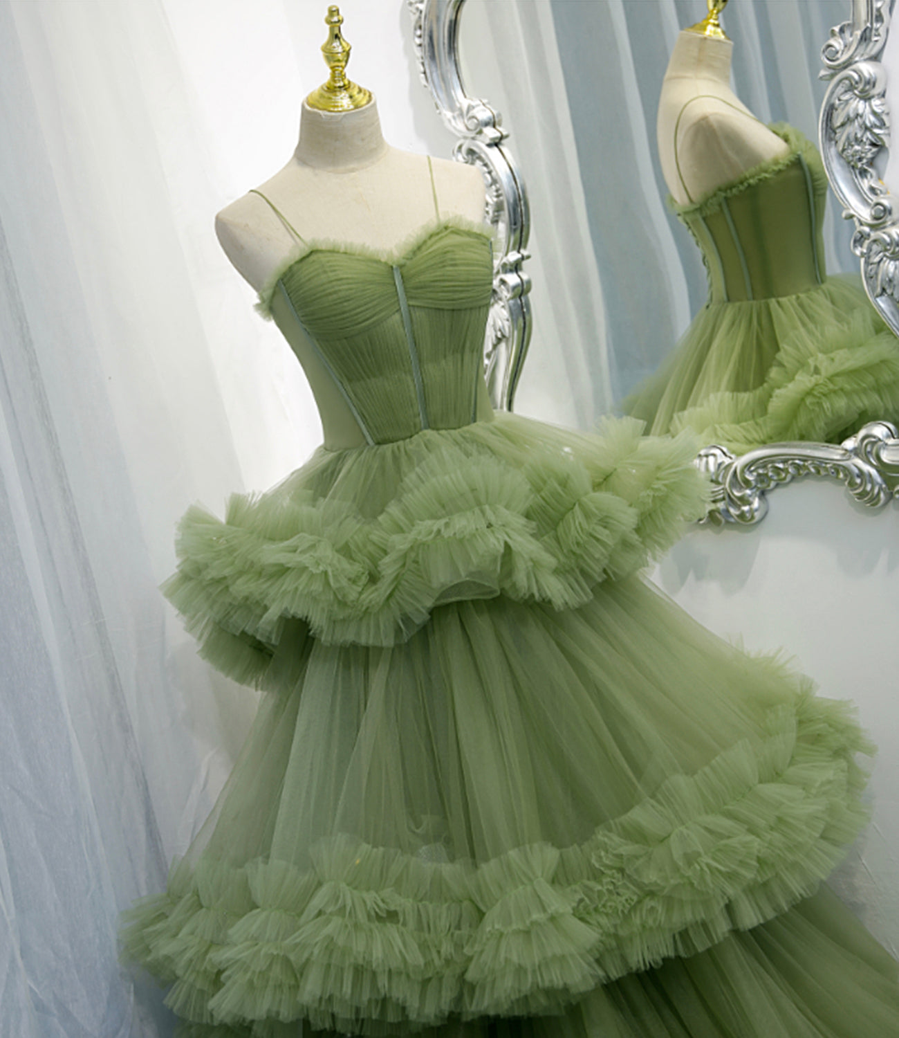 Green tulle long A line prom dress green evening dress 8836