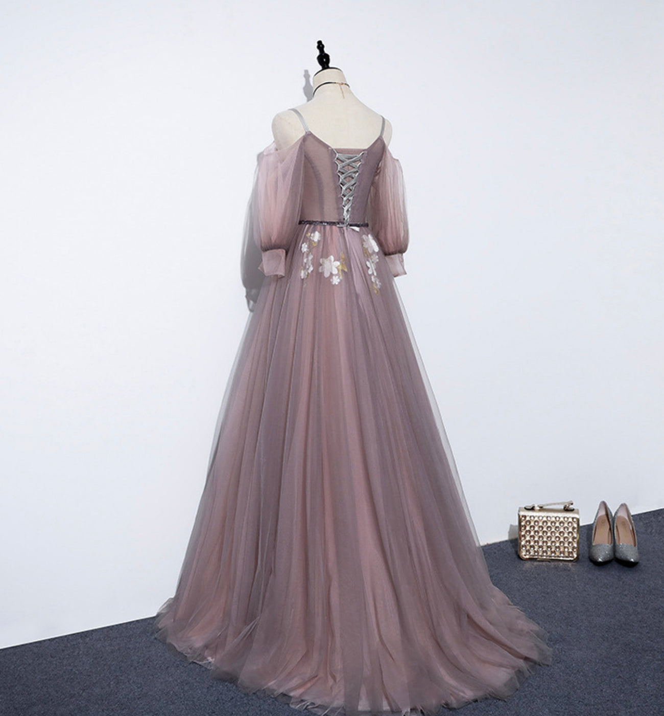 Cute v neck tulle long A line prom dress evening dress 8587