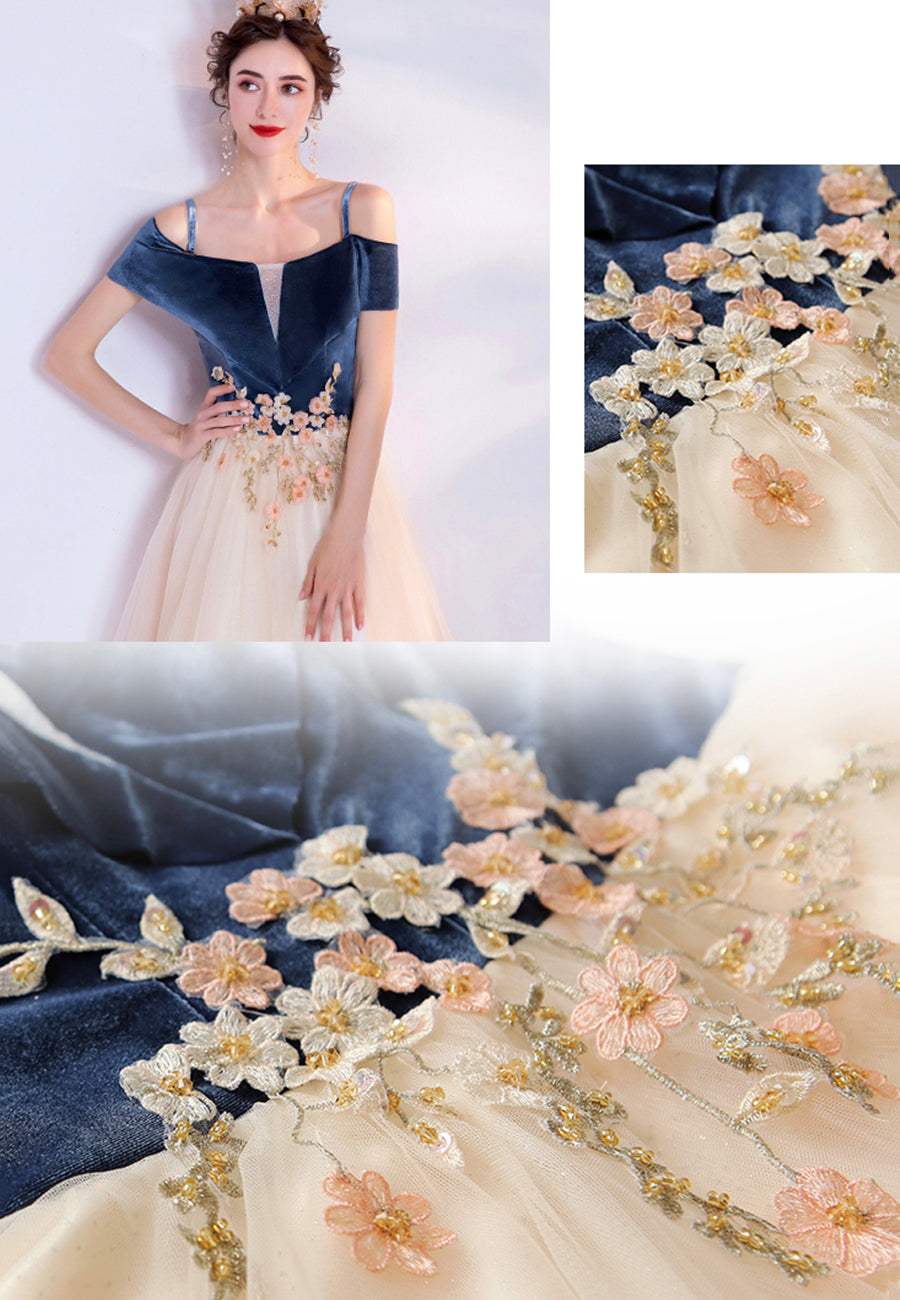 Blue velvet tulle long prom dress evening dress 8447