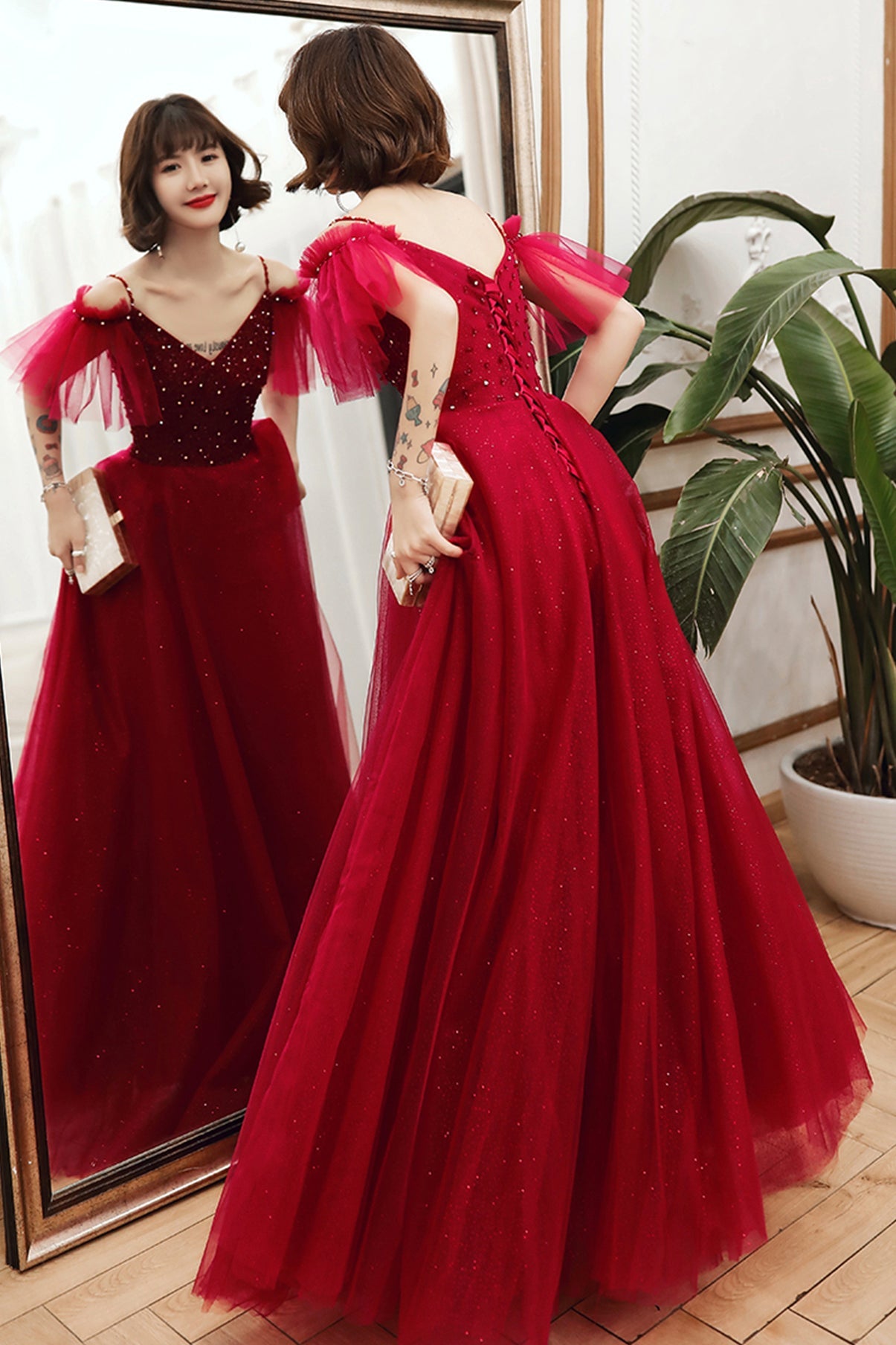 Burgundy tulle beads long A line prom dress evening dress 8767