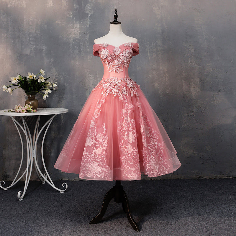 Pink lace short A line prom dress homecoming dress 8915