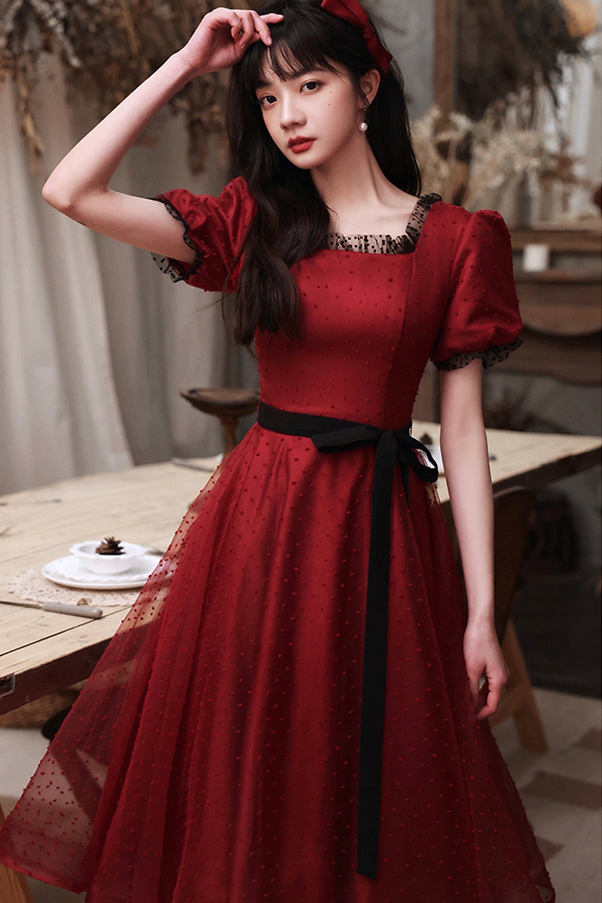 Burgundy tulle short A line prom dress homecoming dress 8776