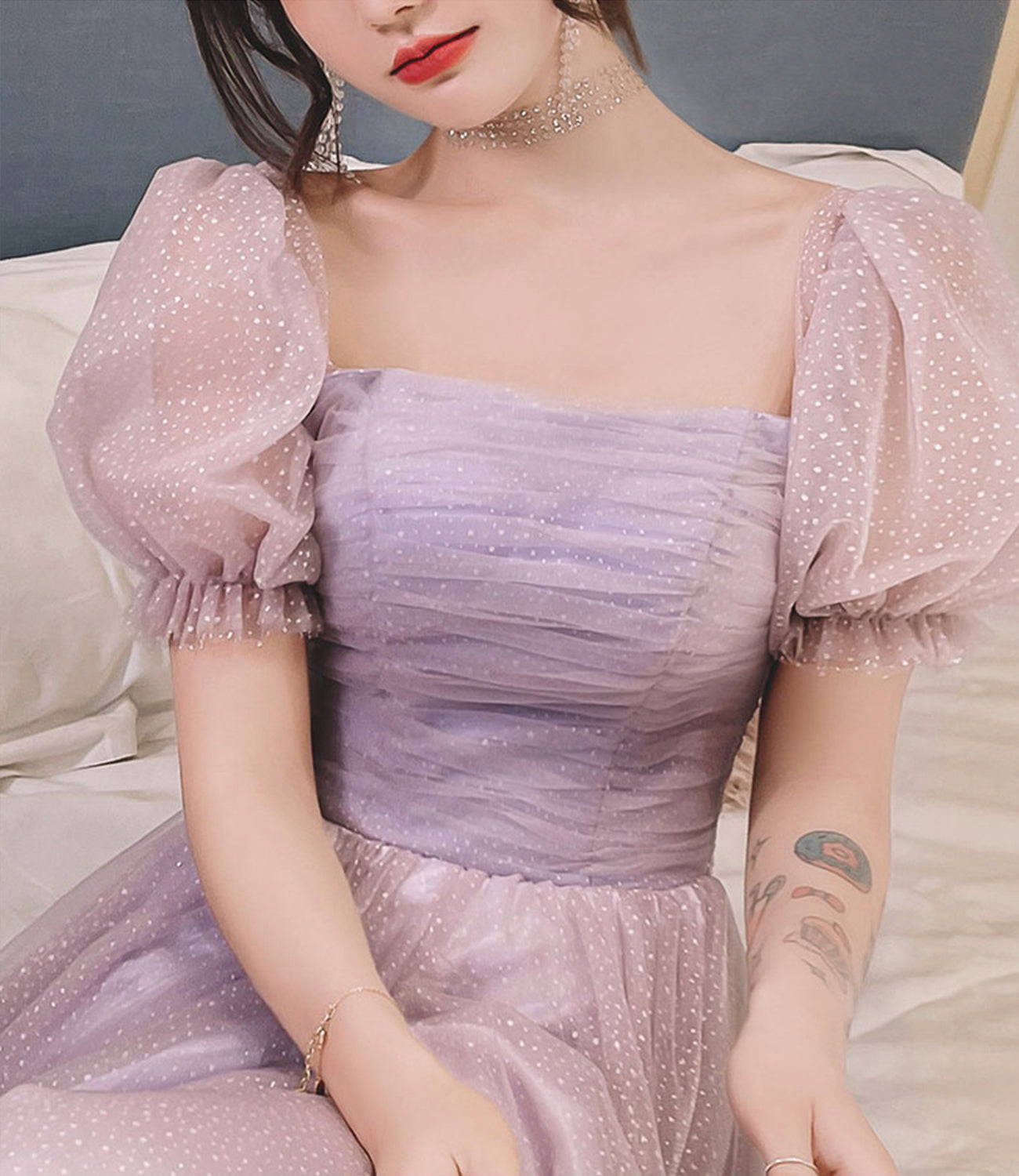 Purple tulle long A line prom dress evening dress 8854