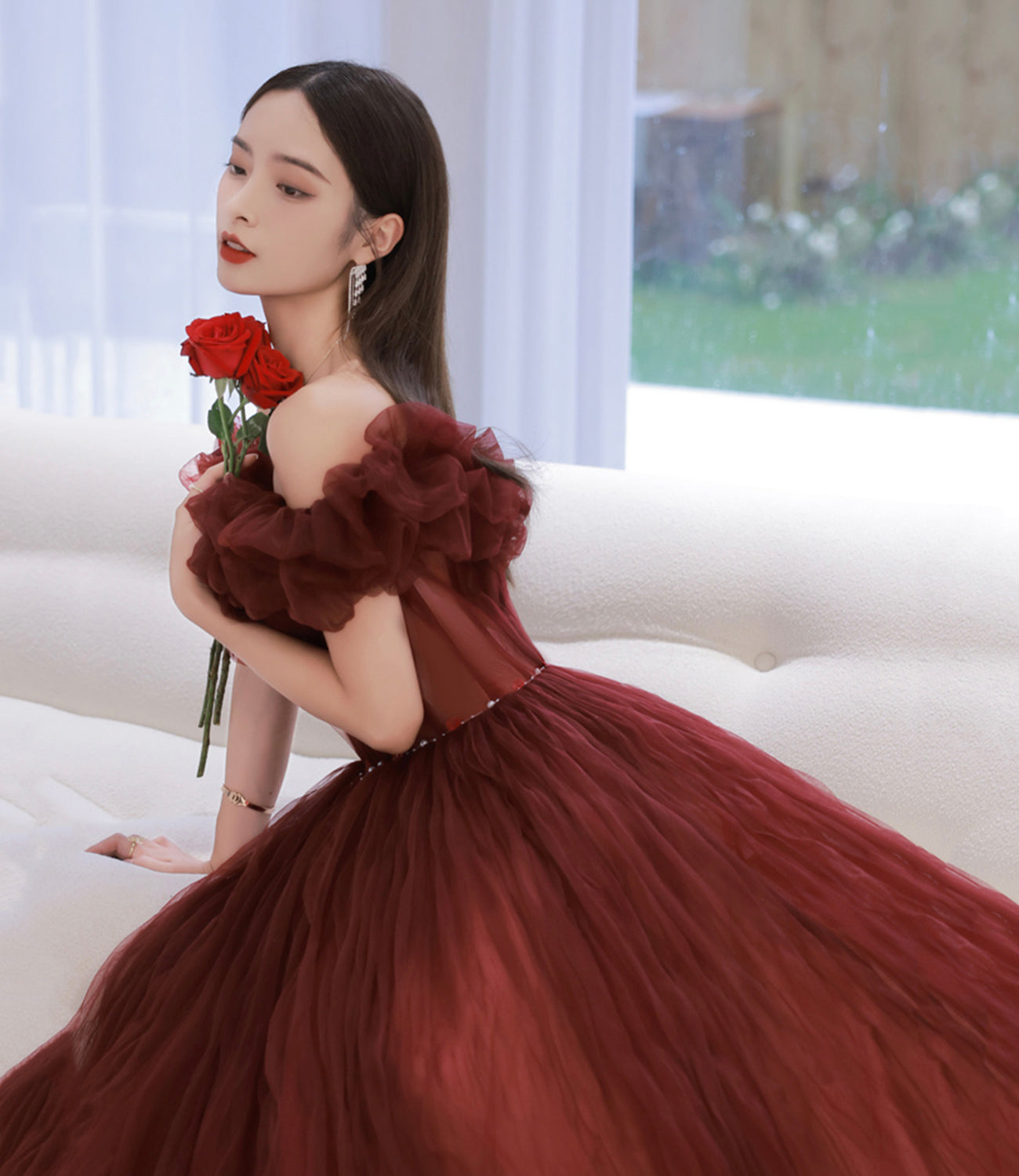 Unique tulle long prom dress off shoulder evening dress 8862