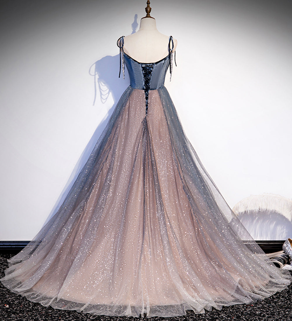 Blue tulle sequins long prom dress evening dress 8504