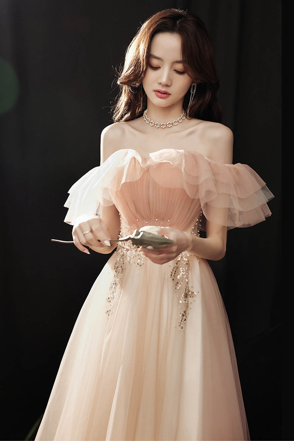 Pink tulle sequins long prom dress evening dress 8600