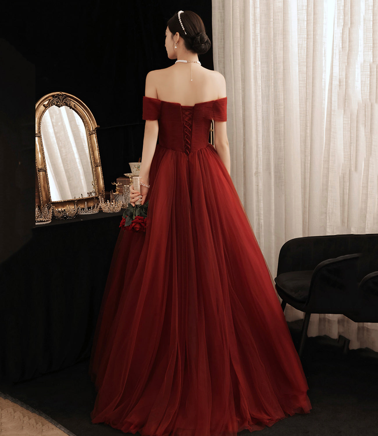 Burgundy tulle long A line prom dress evening dress 8874