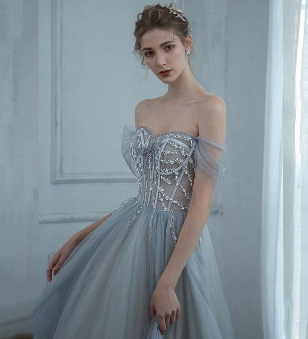 Grey tulle beads long prom dress evening dress 8498