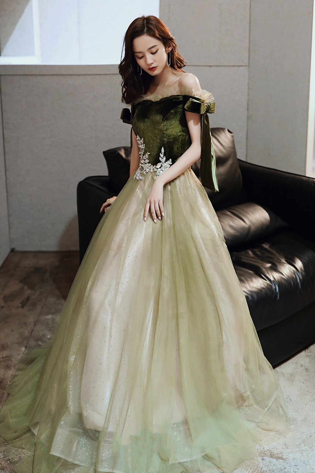 Green tulle long A line prom dress evening dress 8786