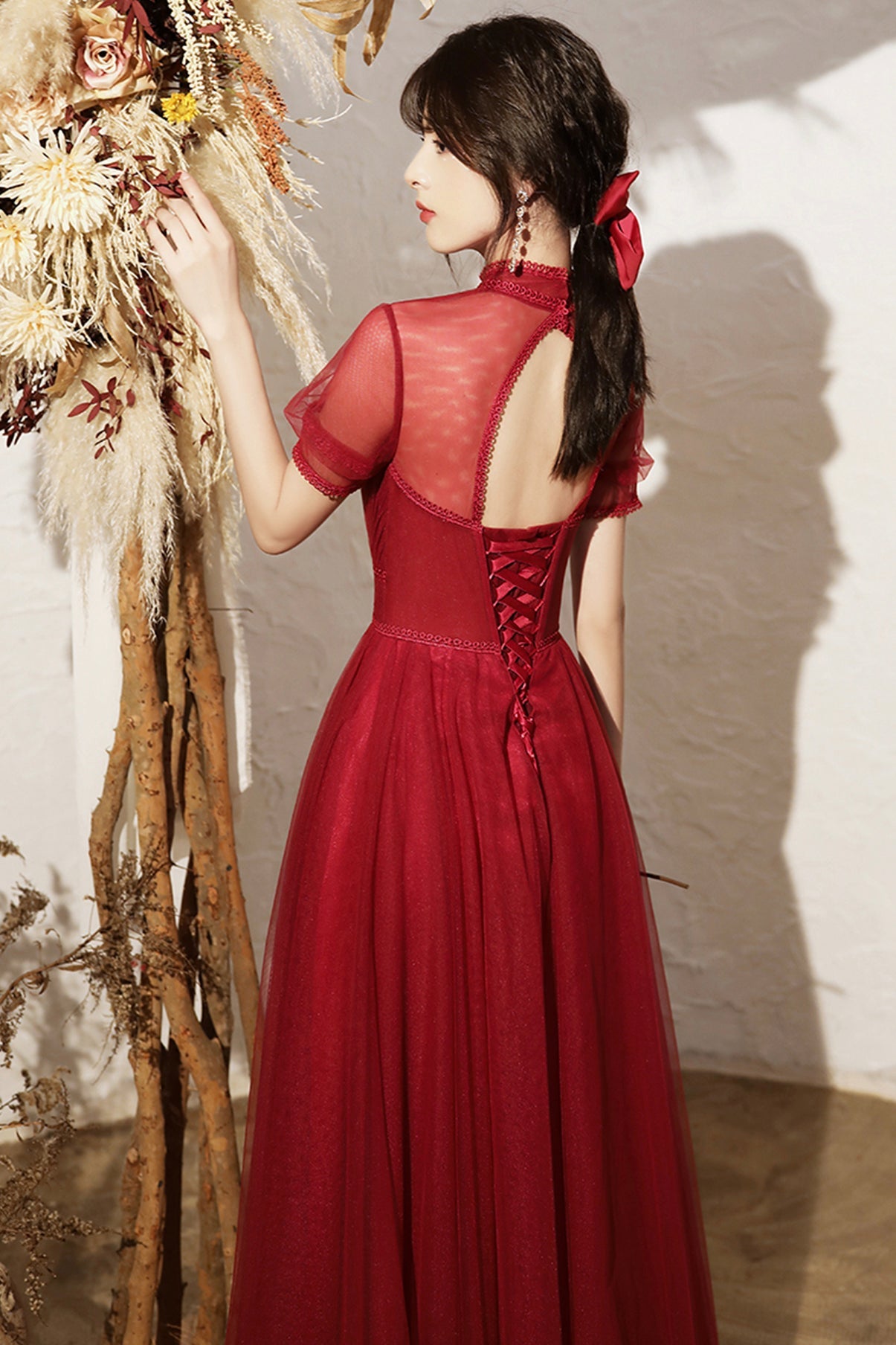 Burgundy tulle long A line prom dress evening dress 8692