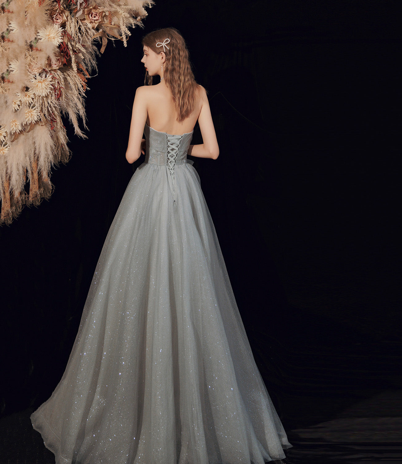 Gray tulle long A line prom dress gray evening dress 8792