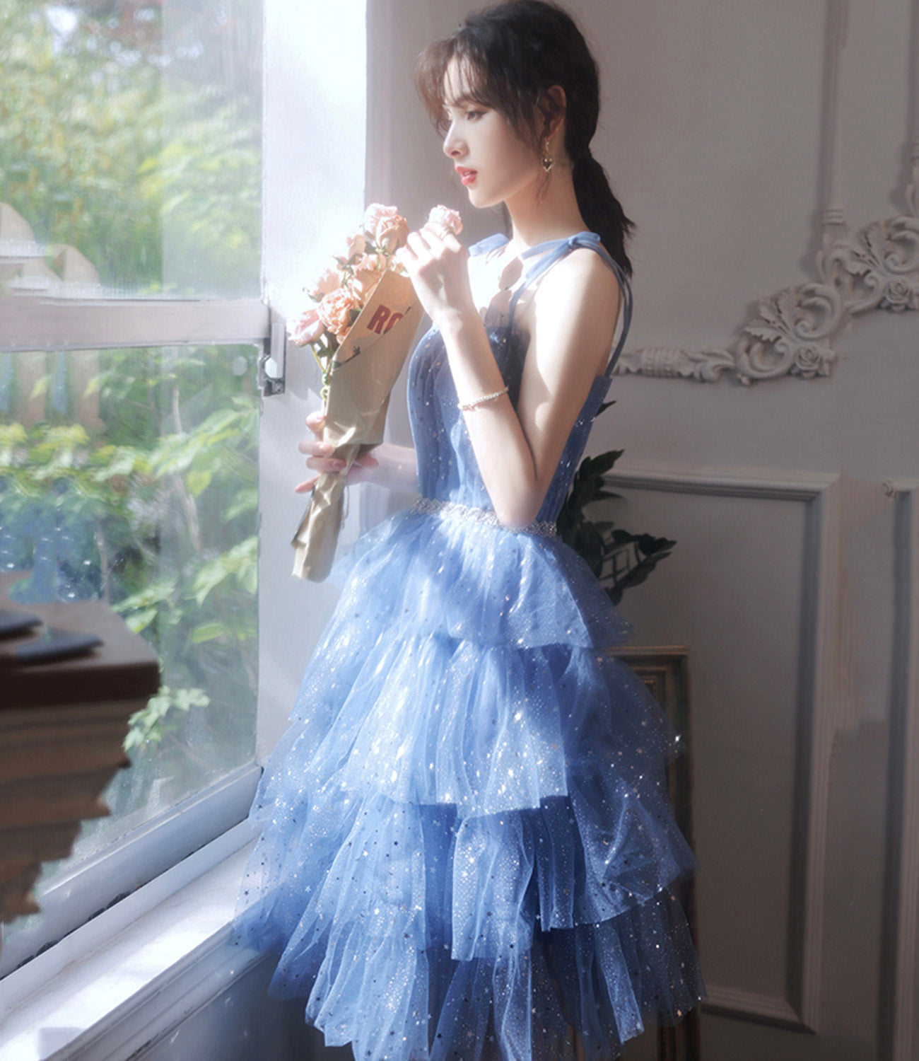 Blue tulle off shoulder prom dress homecoming dress 8896