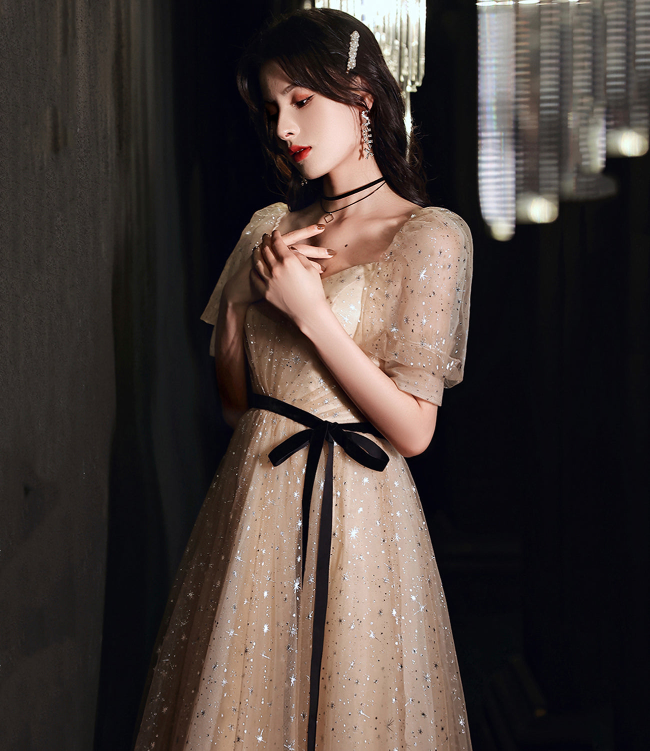 Champagne tulle long A line prom dress evening dress 8853