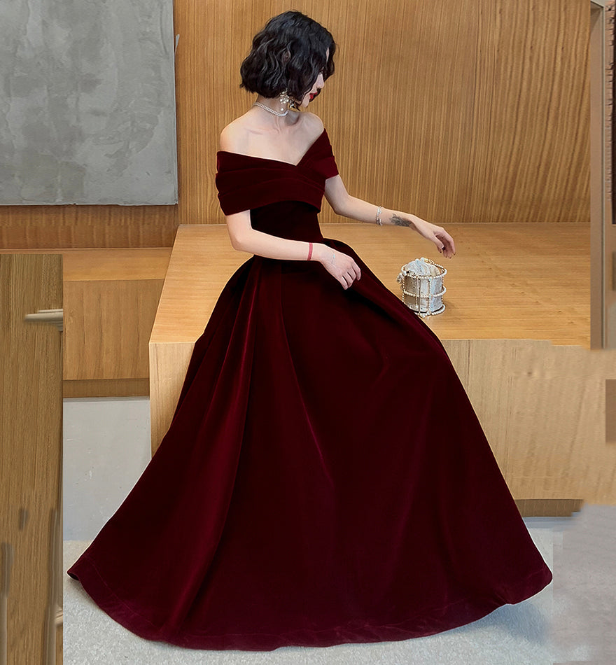 Burgundy Elegant Fashion Strapless Long Velvet Ball Gown Evening Dress 8482